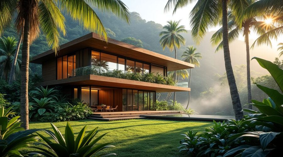 explorez une magnifique maison moderniste en bois, harmonieusement intégrée au sein d'une forêt tropicale luxuriante à hawaï. imprégnez-vous de la beauté naturelle environnante tout en profitant d'un design contemporain unique.