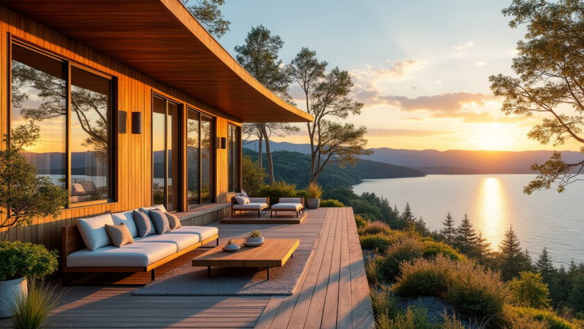 découvrez cette charmante maison en bois contemporaine, offrant une terrasse idéale pour profiter d'une vue imprenable sur un vaste lac. un coin de paradis pour les amoureux de la nature et du design moderne.