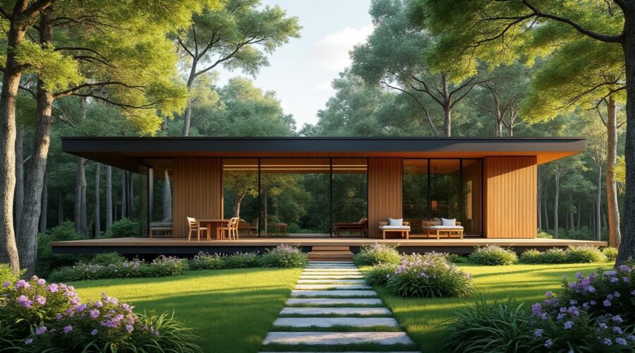 découvrez cette magnifique maison en bois moderne, parfaitement située à la frontière d'une forêt apaisante. profitez d'un cadre de vie unique alliant confort contemporain et proximité avec la nature.